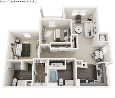 A diagram of a house layout with a kitchen, living room, and bathrooms.